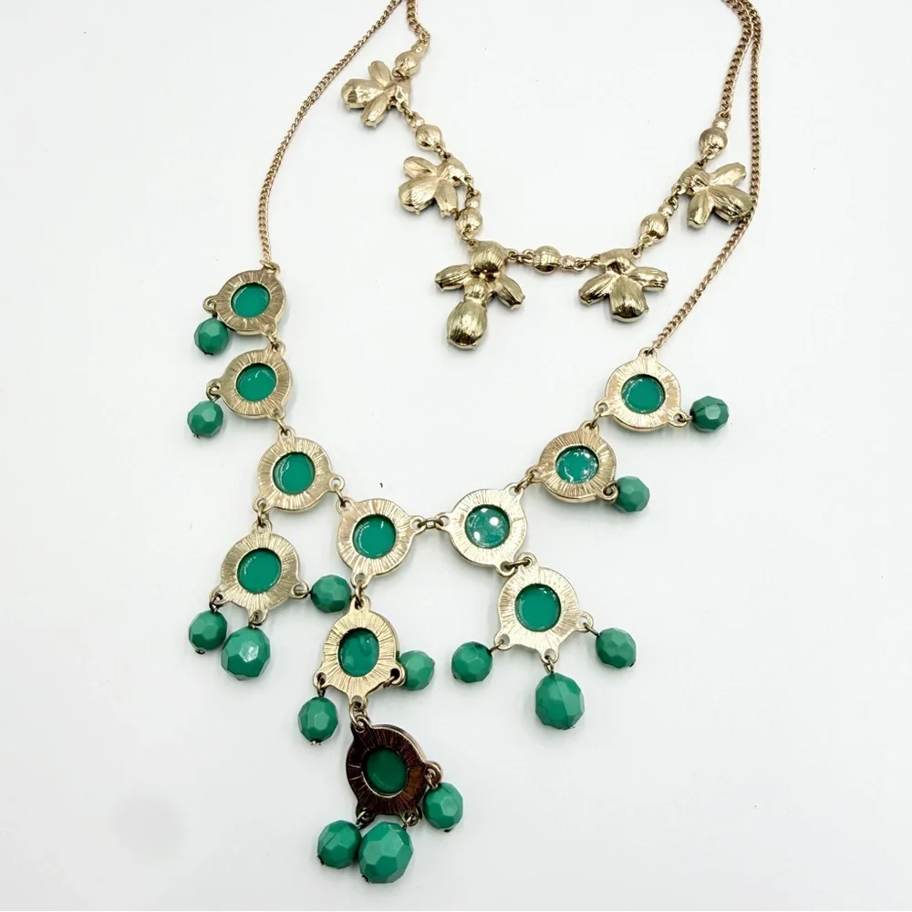 Vintage Turquoise Statement Necklace Gold Tone Layered Bib Necklace - Picture 6 of 10